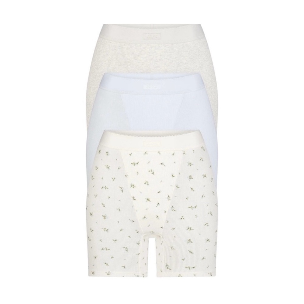 SKIMS Cotton Rib Boxer 3-Pack - Cream, Light Blue, Floral Cream XS NWOT